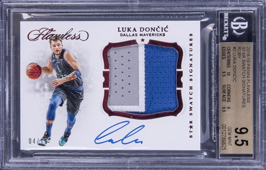 2018-19 Panini Flawless Star Swatch Signatures Ruby #2 Luka Doncic Signed Patch Rookie Card (#04/15) – BGS GEM MINT 9.5/BGS 10